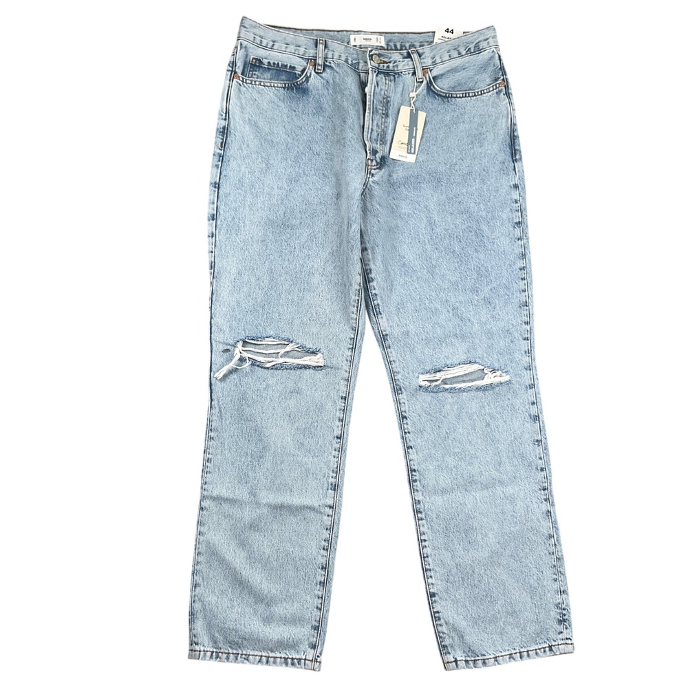 MNG Women Jeans 12 Blue Fade Button Fly Relaxed Rip Distressed Cotton Denim